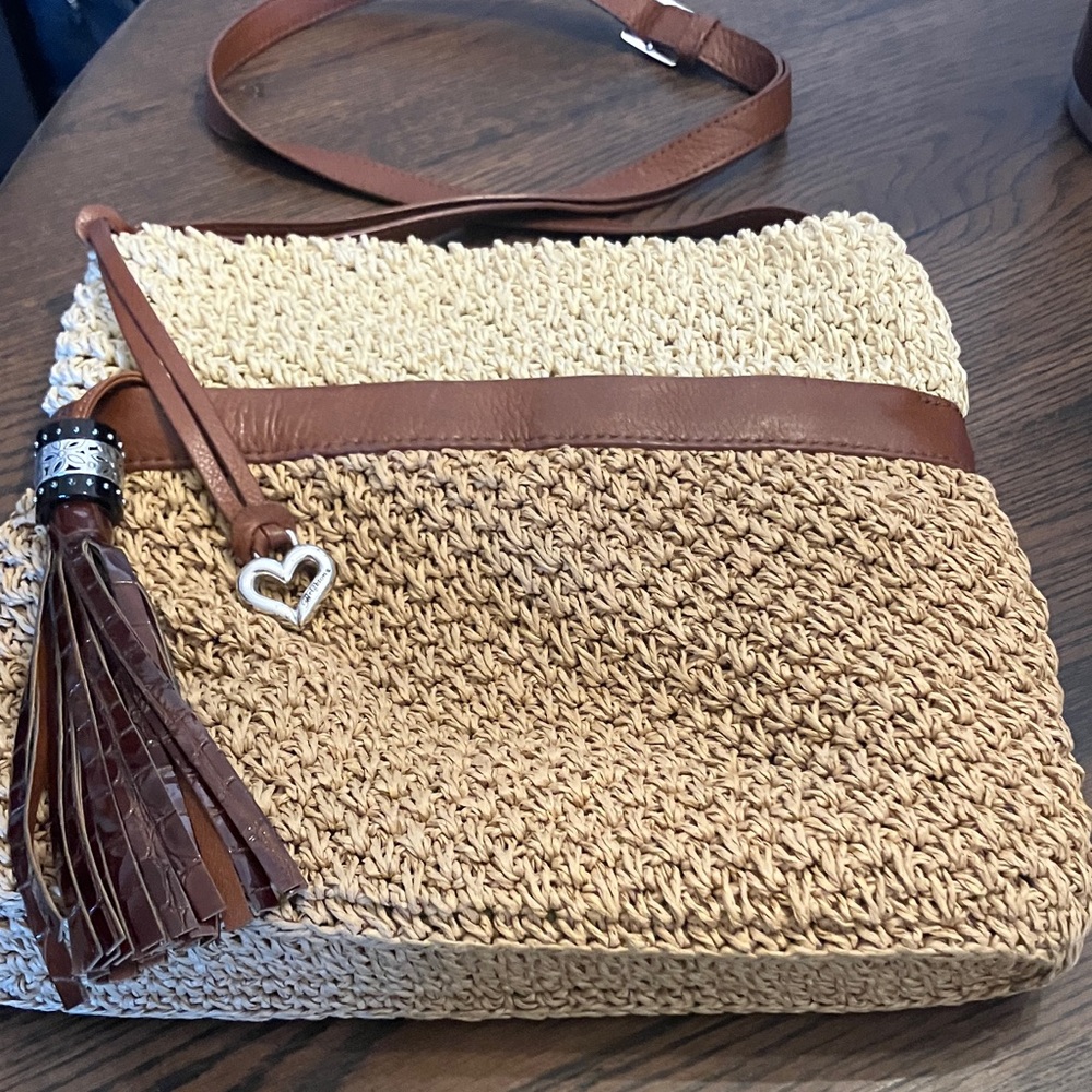 Brighton Brown, Beige,Tan StrawLeather Shoulder Bag